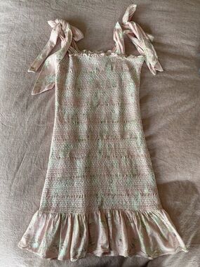 LoveShackFancy Pink and Green Smocked Ruffle Strap Kids Dress